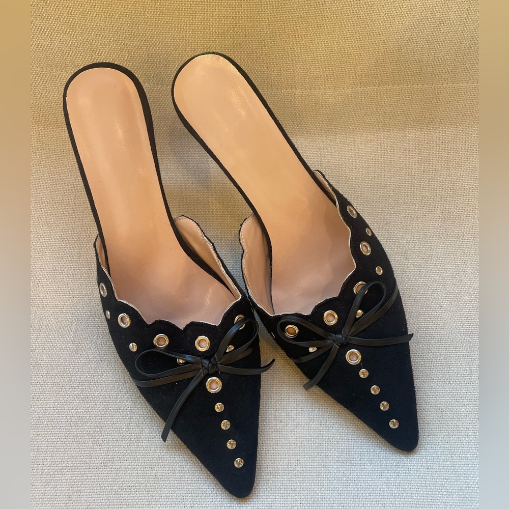Black Suede Kitten Heels with Silver Grommet and Bow Detail